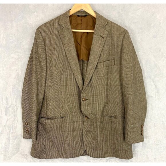 Brooks Brothers 1818 Fitzgerald 100% Wool Suit Jacket Size 44R Brown Blue Plaid - Picture 1 of 16